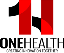 ONEHEALTH logo featuring a black and red abstract design, symbolizing collaboration in innovation.